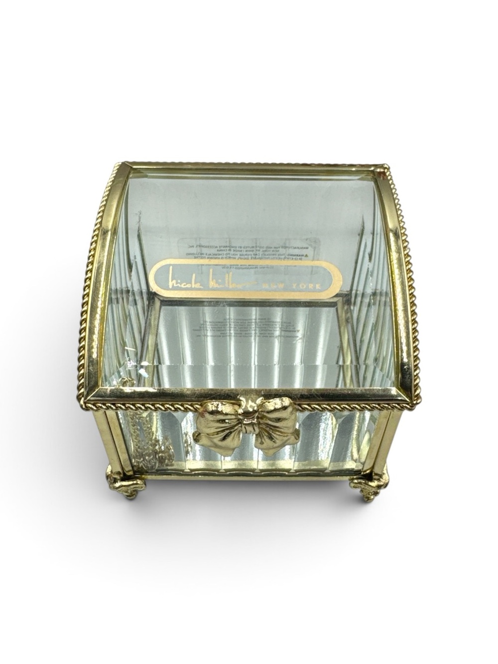Nicole Miller New York Glass Gold Bow Jewelry Casket Trinket Box Coquette